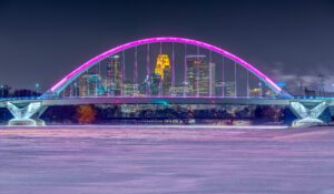 minneapolis bridge at nigth on a snowy night